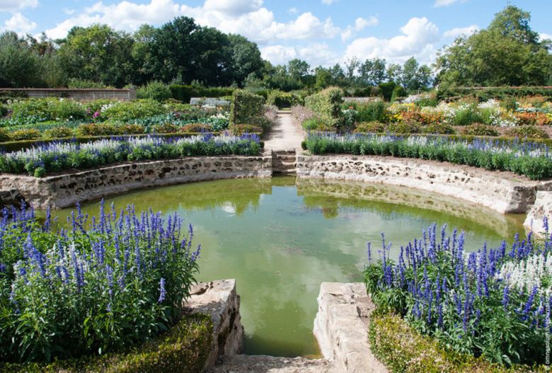 В центре сада — бассейн с водой для полива, обрамлённый лавандой