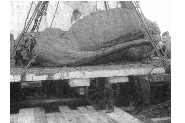 Найденного носорога поднимают из шахты. 17 декабря 1929 г.