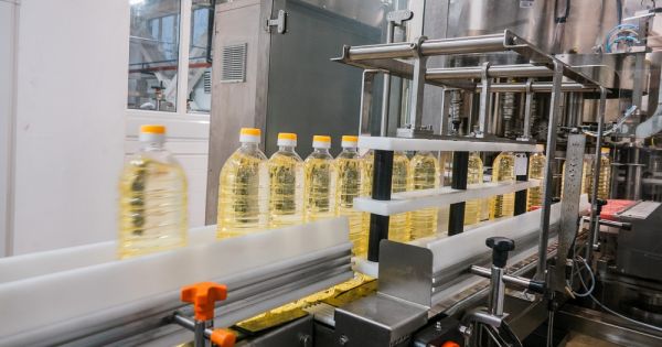 Sunflower oil bottling line at a plant in Ukraine