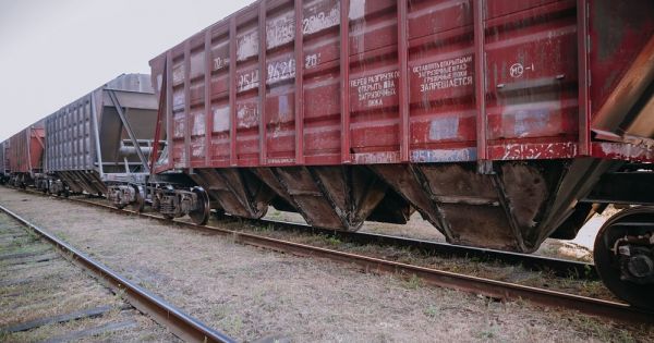 Ukrzaliznytsia grain railcars are waiting for loading at an elevator in Ukraine