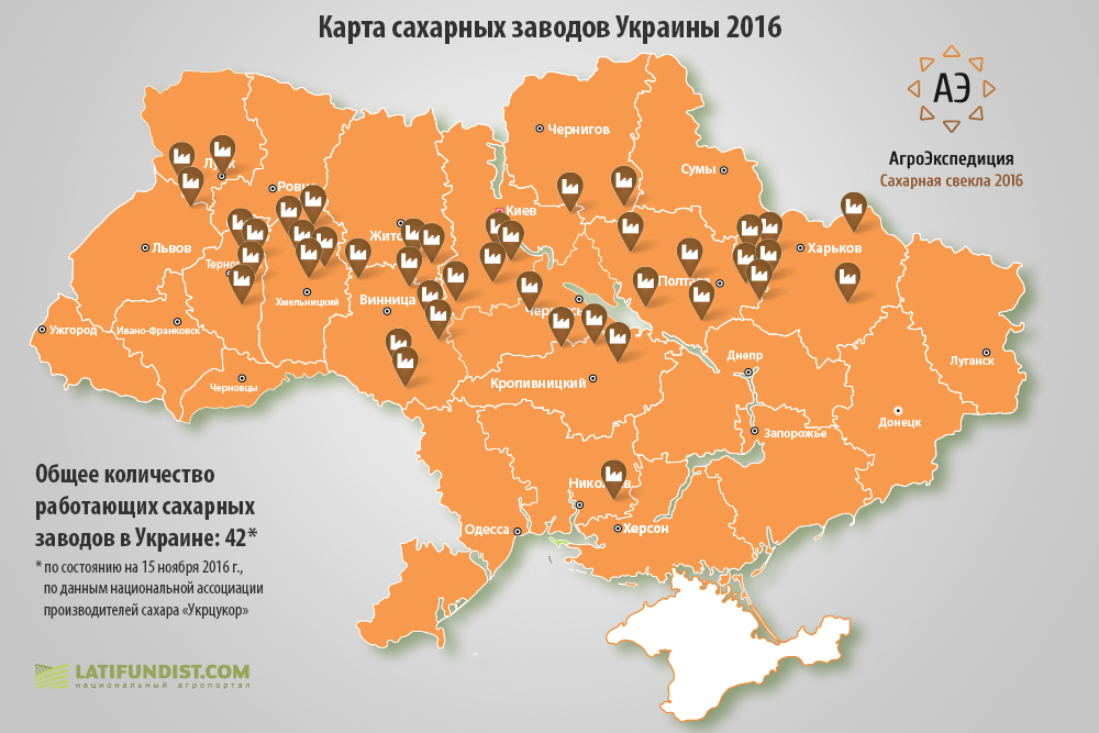 Карта сахарных заводов Украины 2016