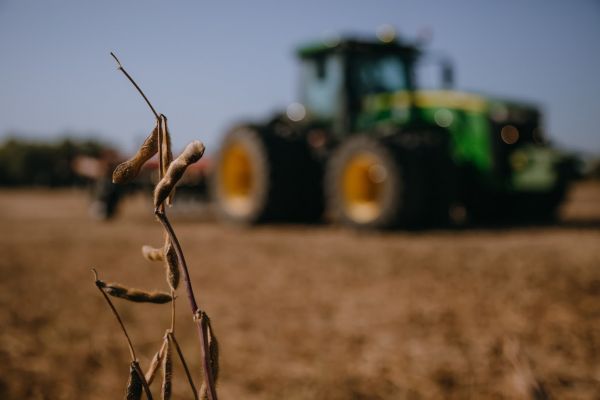 A John Deere tractor in a soybean field in Ukraine