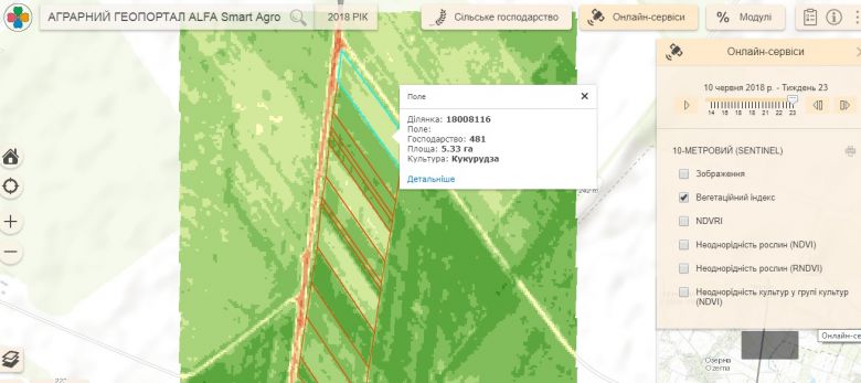 Спутниковый снимок Smart Field от 10 июня. Уже через несколько дней система зарегистрировала быстрое восстановление вегетационного индекса — участки на снимках начали «зеленеть».