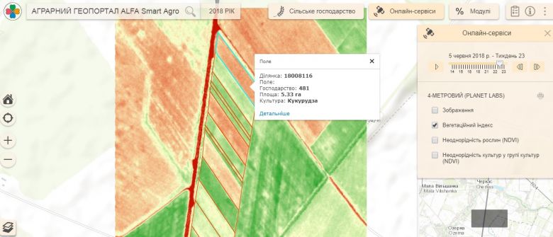 Спутниковый снимок Smart Field от 5 июня. На снимке видно, что после внесения гербицидов упал общий вегетационный индекс на участках кукурузы и подсолнечника.