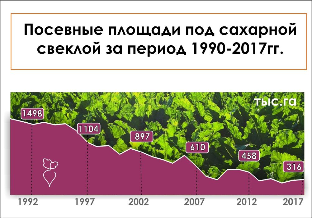 Посевные площади сахарной свеклы за период 1990-2017 гг.