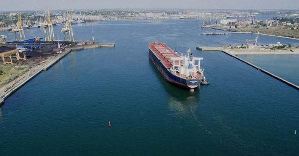 A dry cargo vessel is entering the Port of Chornomorsk, Ukraine
