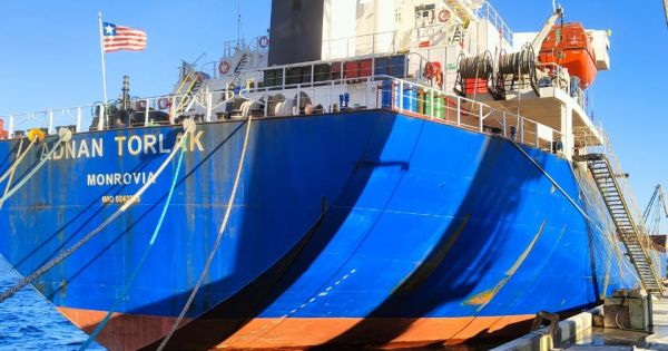 A bulk carriers ADNAN TORLAK was loaded with sunflower in the port of Chornomorsk, Ukraine. 14 December 2022