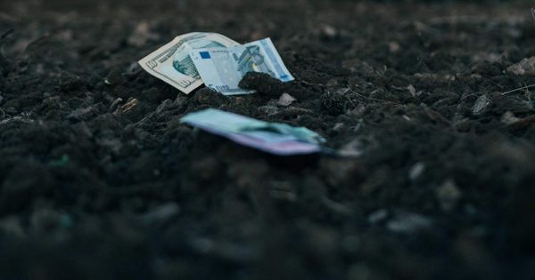 Ukrainian hryvnias, euros and dollar bills in a black soil