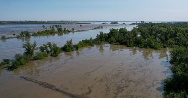 Destroyed by russians Kakhovka HPP and areas flooded. June 6, 2023
