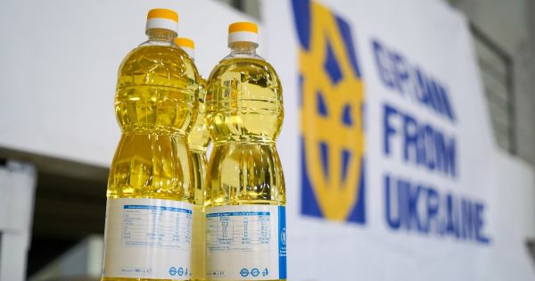 Bottles with refined sunflower oil shipped in the framework of the Grain From Ukraine Initiative, June 12, 2024