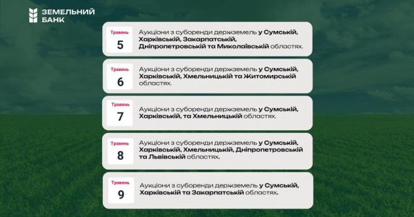 Аукціони із суборенди державних сільгоспземель з 5 по 9 травня