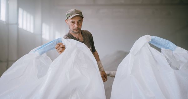 Чоловік тримає мішок з добривами