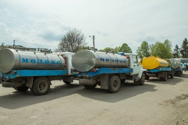 Milk trucks at a dairy plant in Ukraine