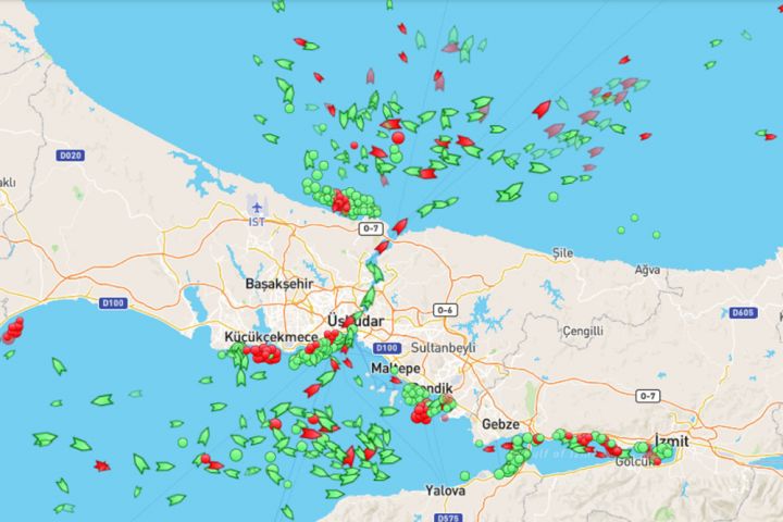Vessels are seen queuing to pass the Bosphorus, Türkiye. February 15, 2023
