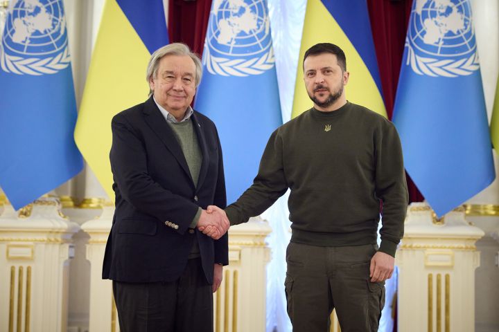 Secretary-General of the UN António Guterres and President of Ukraine Volodymyr Zelenskyy shake hands at the meeting in Kyiv, Ukraine. March 8, 2023