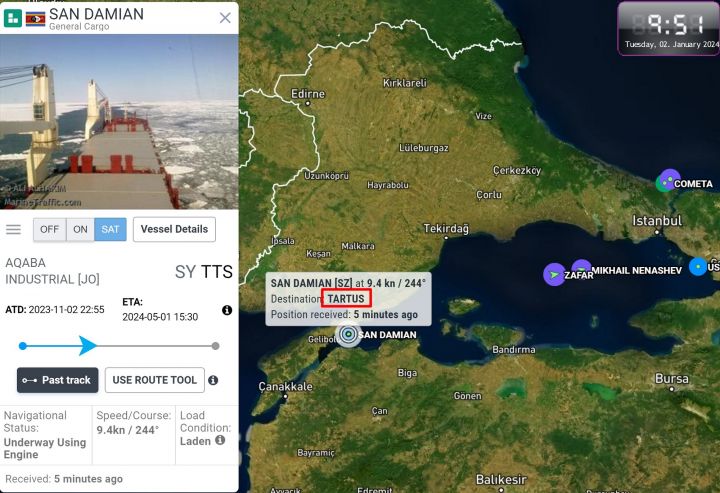 Завантажений краденим українським зерном балкер SAN DAMIAN прямує до сирійського порту Тартус