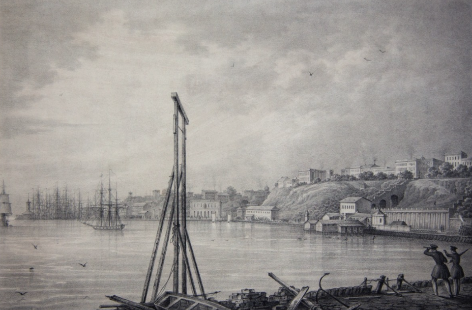 Гравюра. Одеса. Вид, знятий з малої пристані. 1850-ті. Автор: Гросс, Федір (Фрідріх) Іванович Гравюра. Одеса. Вид, знятий з малої пристані. 1850-ті. Автор: Гросс, Федір (Фрідріх) Іванович