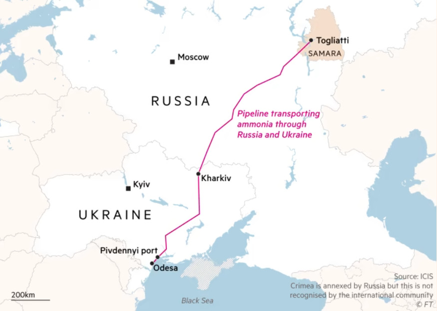 Pipeline transporting ammonia through russia and Ukraine to the ports of Pivdenny and Odesa