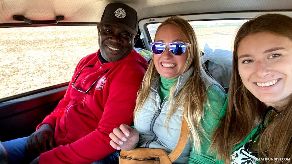 Taking Niva for a drive. From left to right: Adesina, Tatyana Prikhodko and Maria Rozvadovskaya