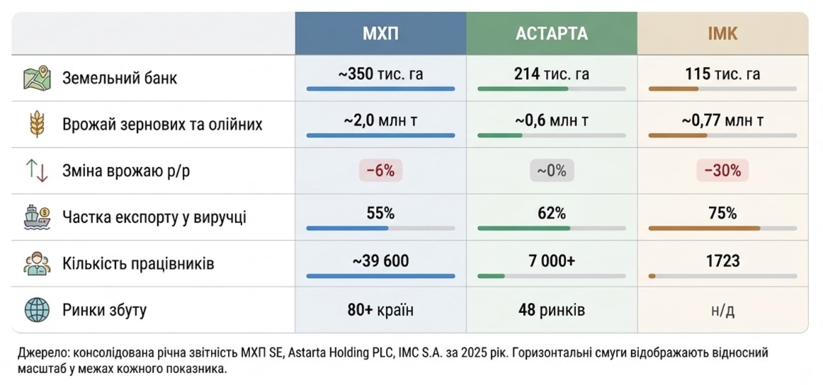 Порівняння базових показників трьох агрохолдингів. Дані взяті з їхніх звітів
