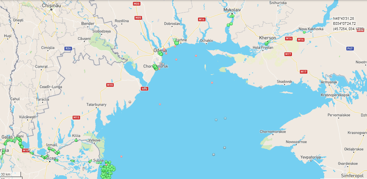 Судноплавство у Чорному морі станом на 26 травня 2022 року. Джерело: marinetraffic.com