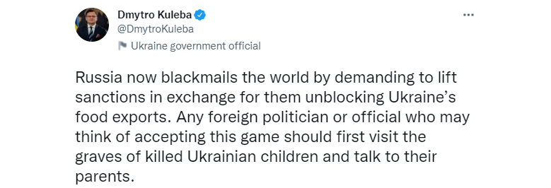 Твіт Дмитра Кулеби про шантаж рф світу з метою позбавитися санкцій