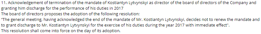 Предложение резолюции совета директоров относительно Константина Литвинского