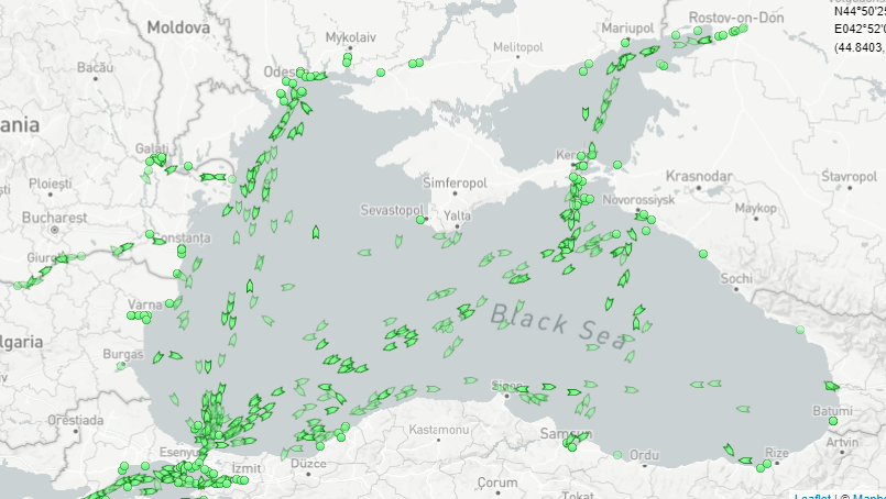 Трафік балкерних суден у Чорному та Азовському морях станом на 15 лютого 2022 р