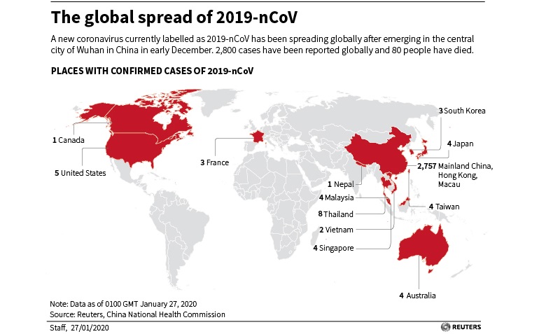 Распространение 2019-nCoV в мире