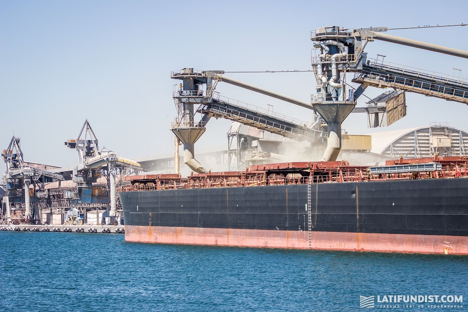 Grain shipment on the vessel in the port of Pivdenny (Odesa region, Ukraine)