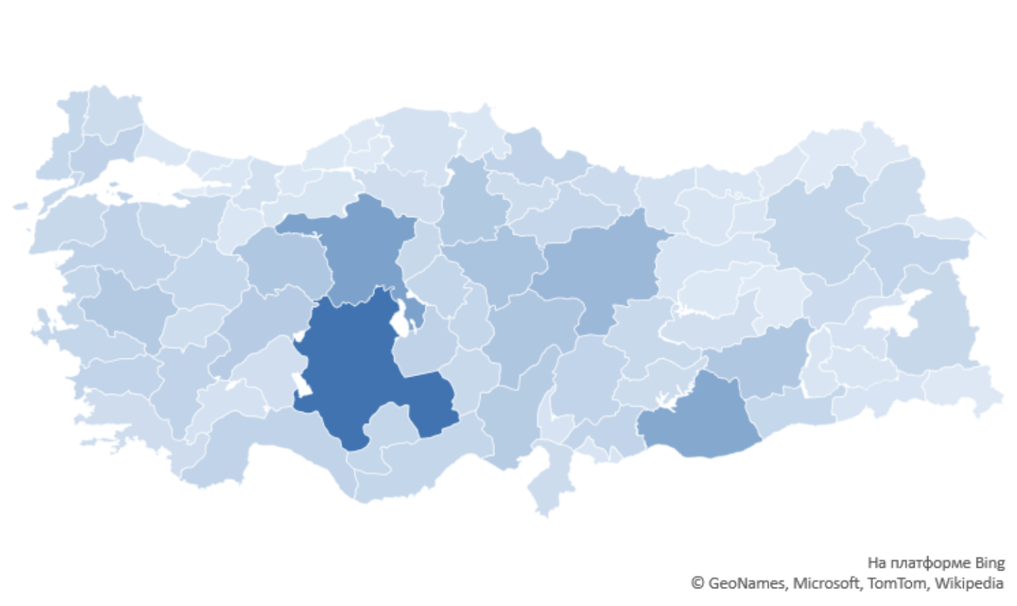 Розподіл земель с/г призначення по провінціях в Туреччині