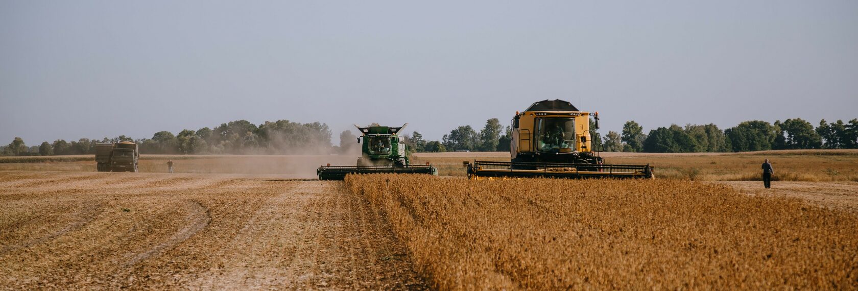 A.G.R. Group combine harvesters in a soybean field